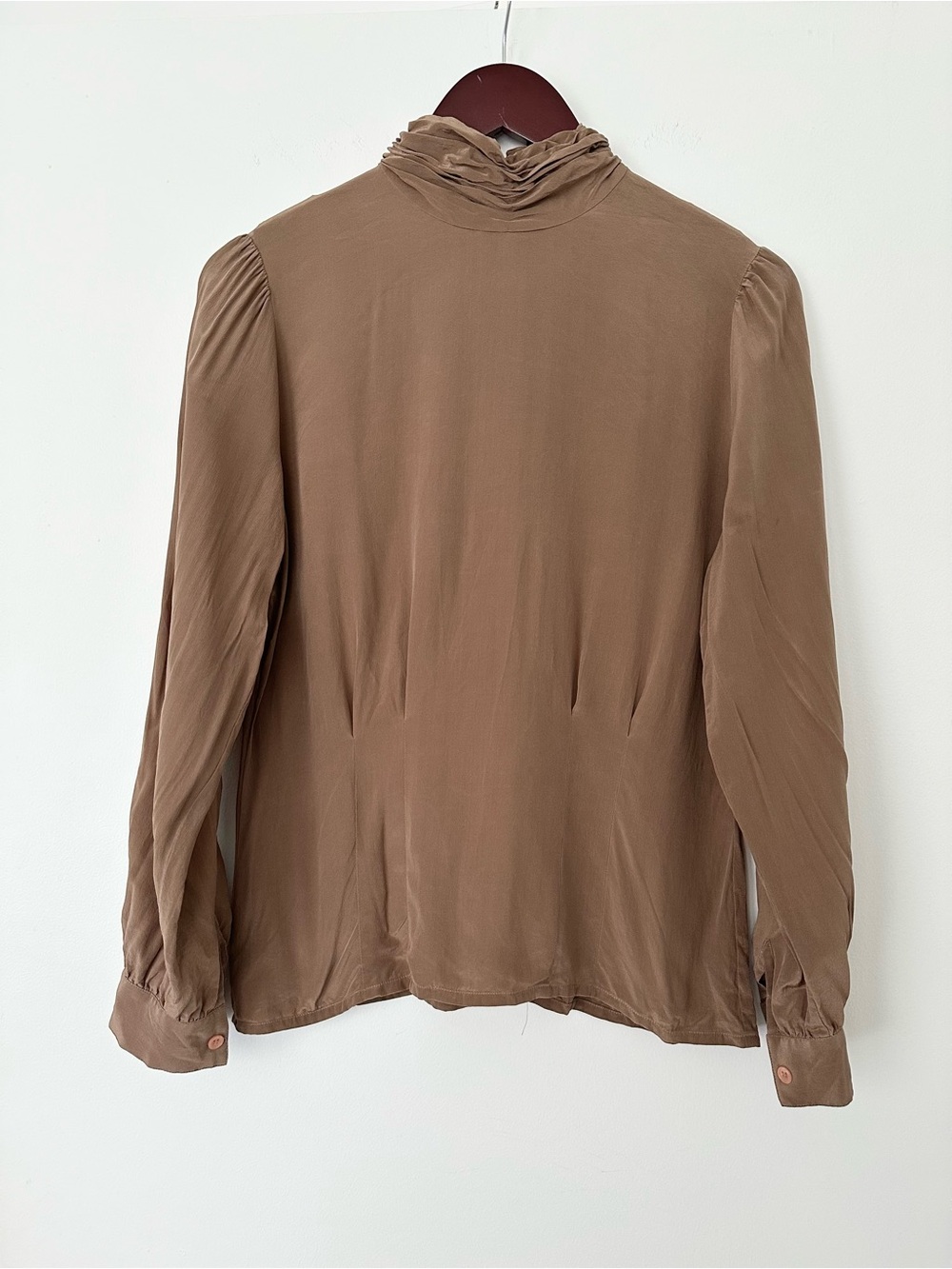 100% Silk High-Neck Long-Sleeve Blouse in Taupe